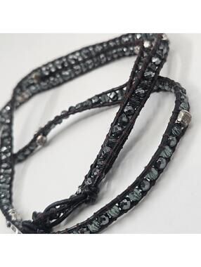 Victoria Emerson Hematite Faceted Beads Skull Beaded Wrap Necklace Leather Cord